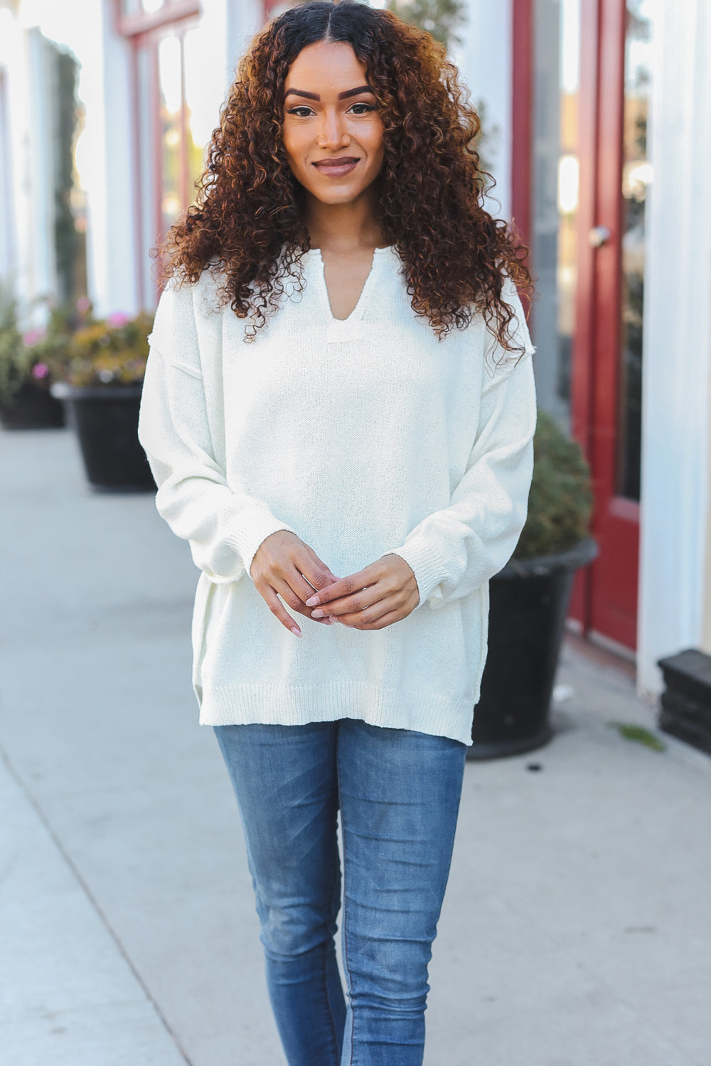 Lock Eyes Ivory Notched Neck With Patch Oversized Sweater | Nikki &amp; Co. Boutique