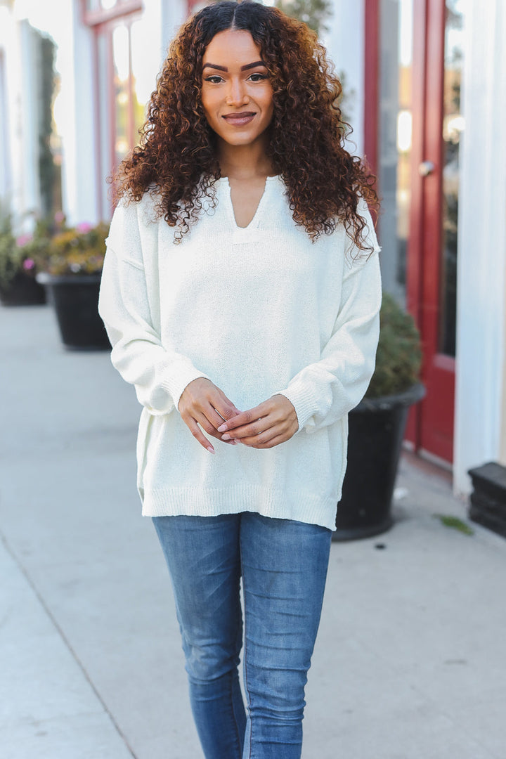 Lock Eyes Ivory Notched Neck With Patch Oversized Sweater | Nikki &amp; Co. Boutique