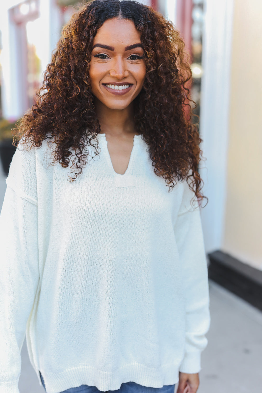 Lock Eyes Ivory Notched Neck With Patch Oversized Sweater | Nikki &amp; Co. Boutique