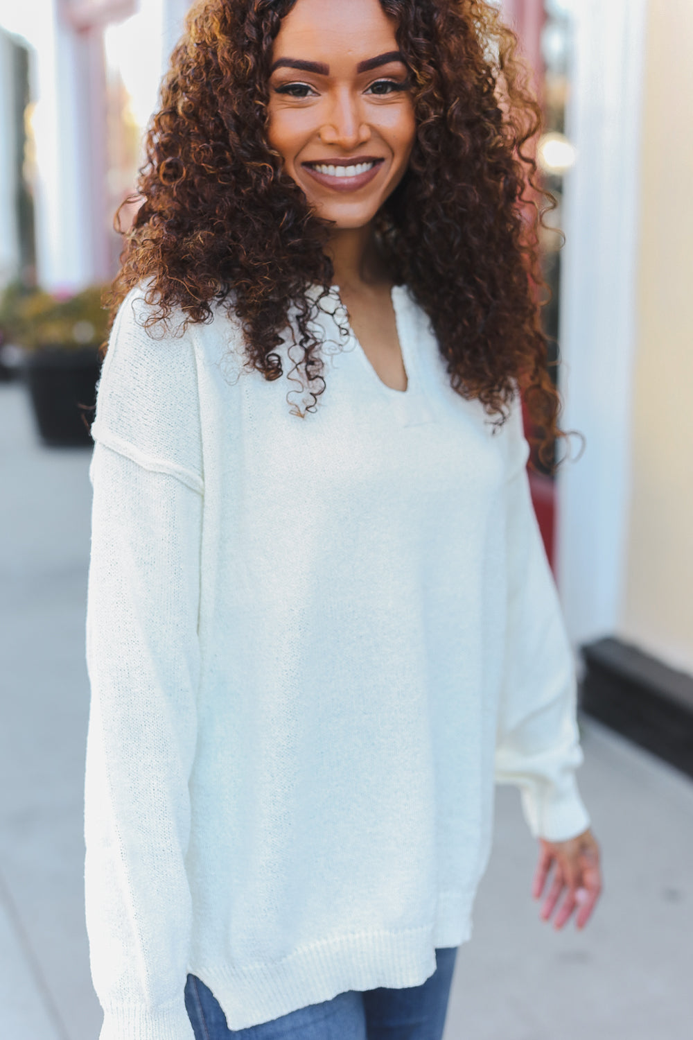 Lock Eyes Ivory Notched Neck With Patch Oversized Sweater | Nikki &amp; Co. Boutique