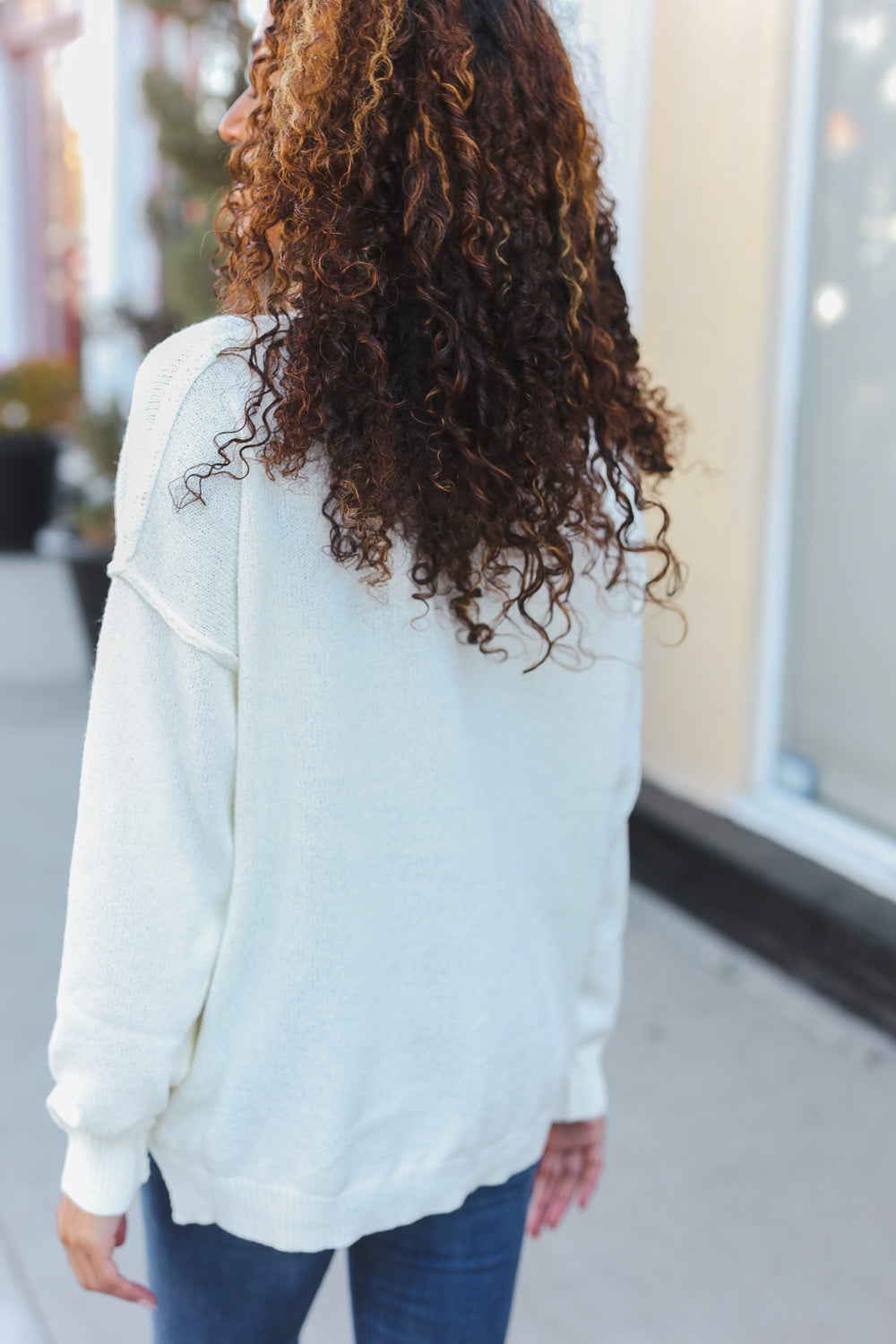 Lock Eyes Ivory Notched Neck With Patch Oversized Sweater | Nikki &amp; Co. Boutique