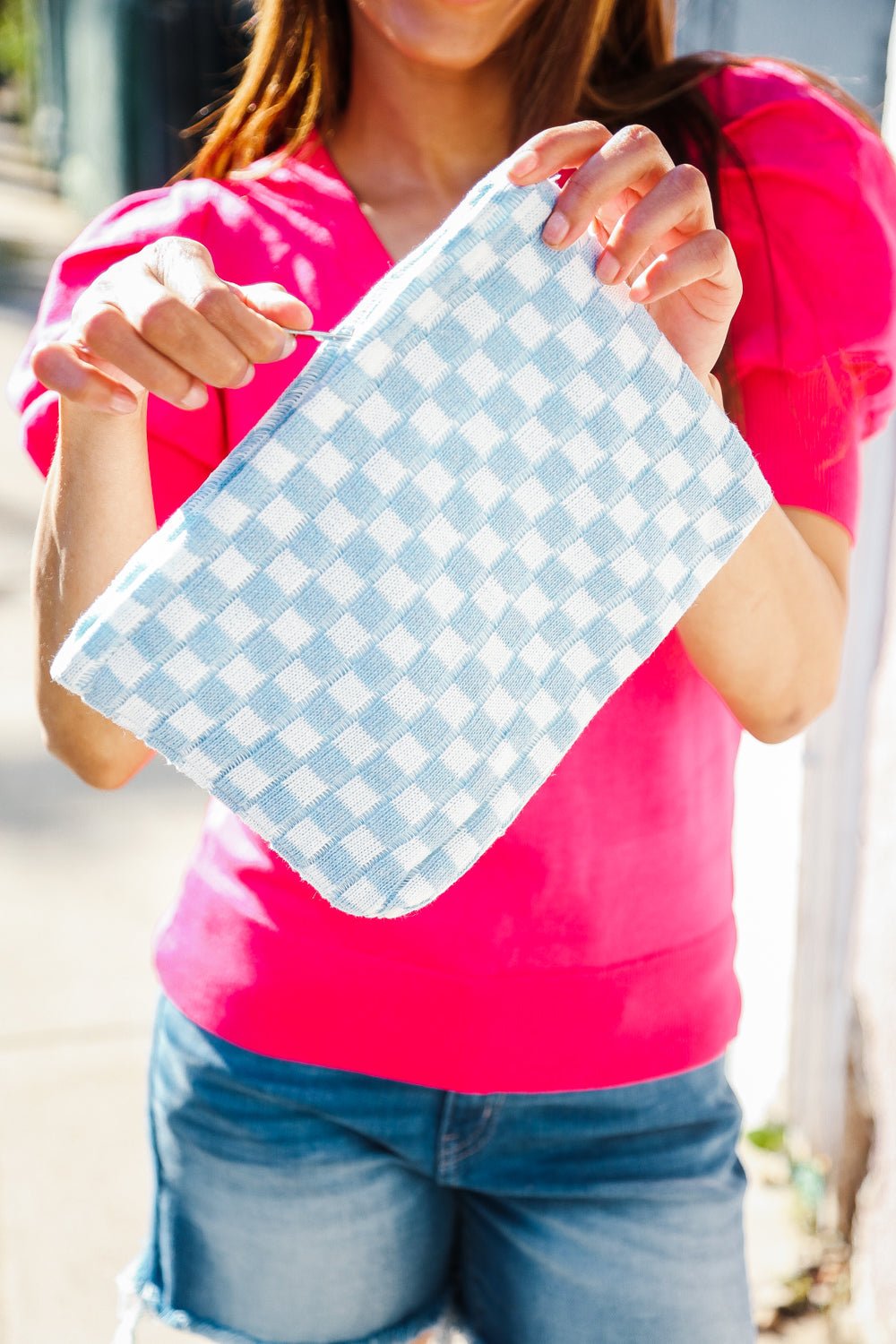 Blue &amp; White Checker Cloth/Knit Travel Bag - Nikki &amp; Co. Boutique