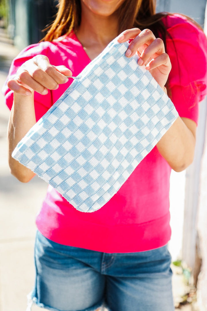 Blue &amp; White Checker Cloth/Knit Travel Bag - Nikki &amp; Co. Boutique