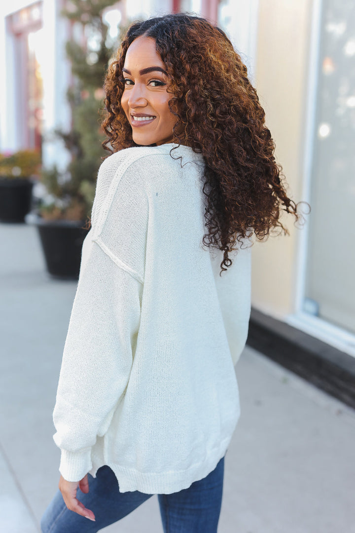 Lock Eyes Ivory Notched Neck With Patch Oversized Sweater | Nikki &amp; Co. Boutique