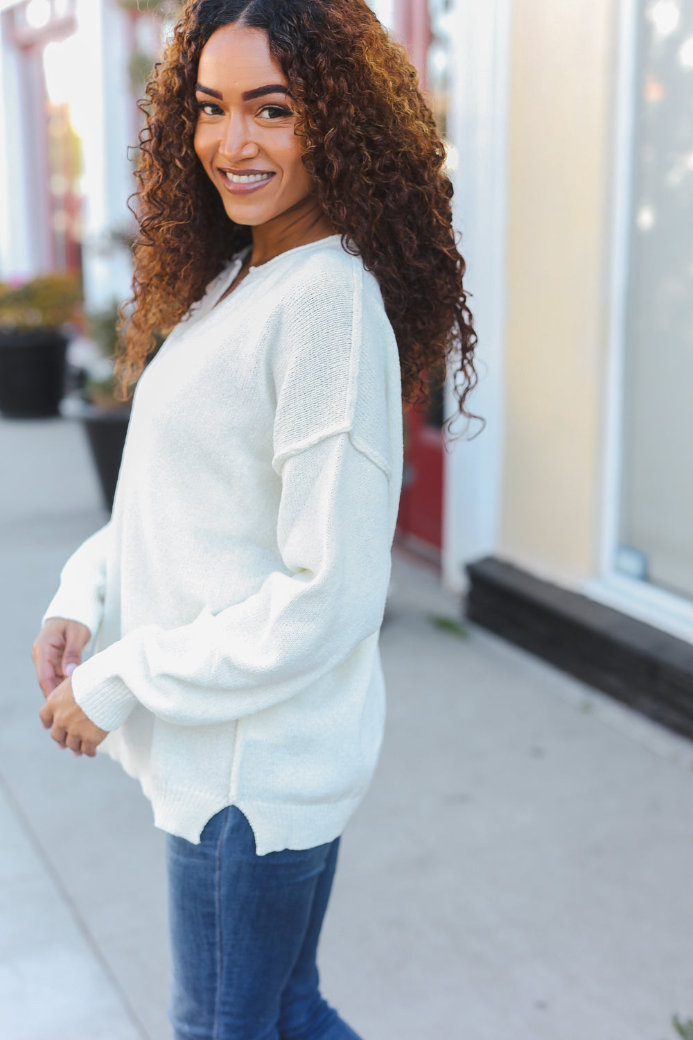 Lock Eyes Ivory Notched Neck With Patch Oversized Sweater | Nikki &amp; Co. Boutique