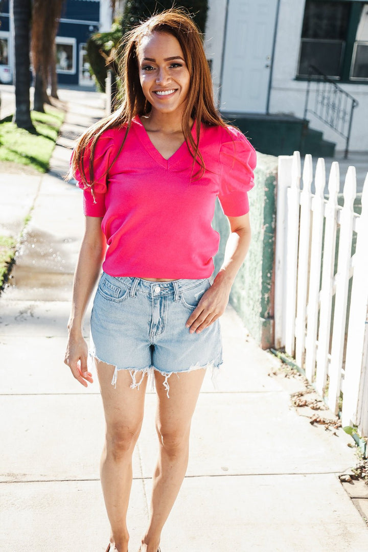 Be Bold Solid Fuchsia Shirred Puff Sleeve Sweater Top - Nikki &amp; Co. Boutique