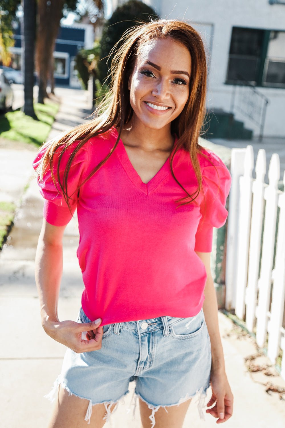 Be Bold Solid Fuchsia Shirred Puff Sleeve Sweater Top - Nikki &amp; Co. Boutique