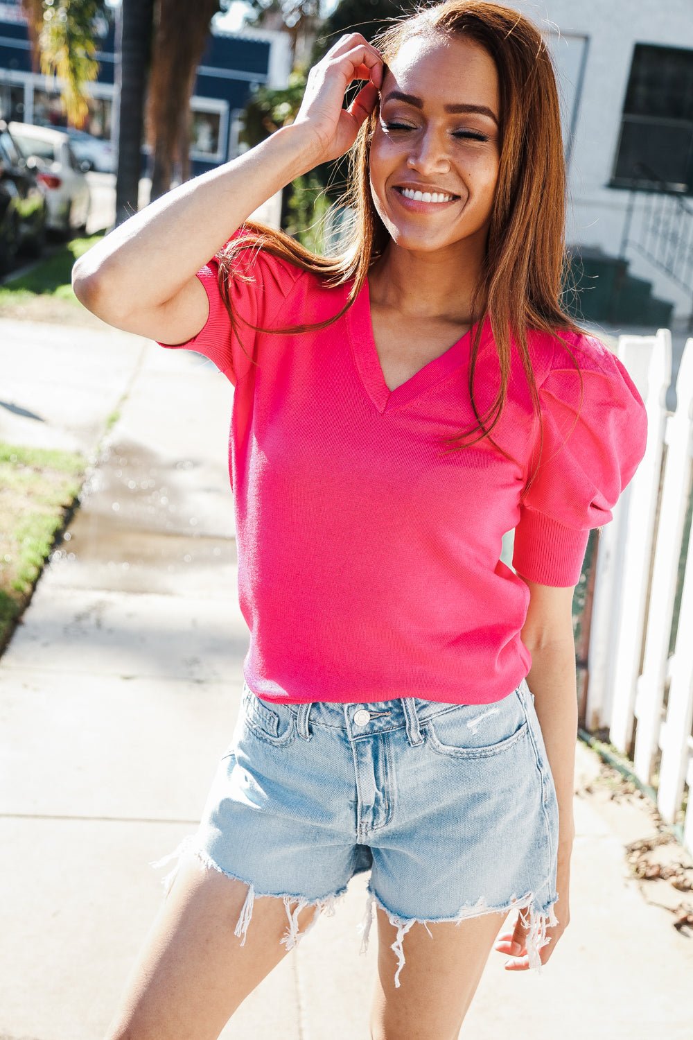 Be Bold Solid Fuchsia Shirred Puff Sleeve Sweater Top - Nikki &amp; Co. Boutique