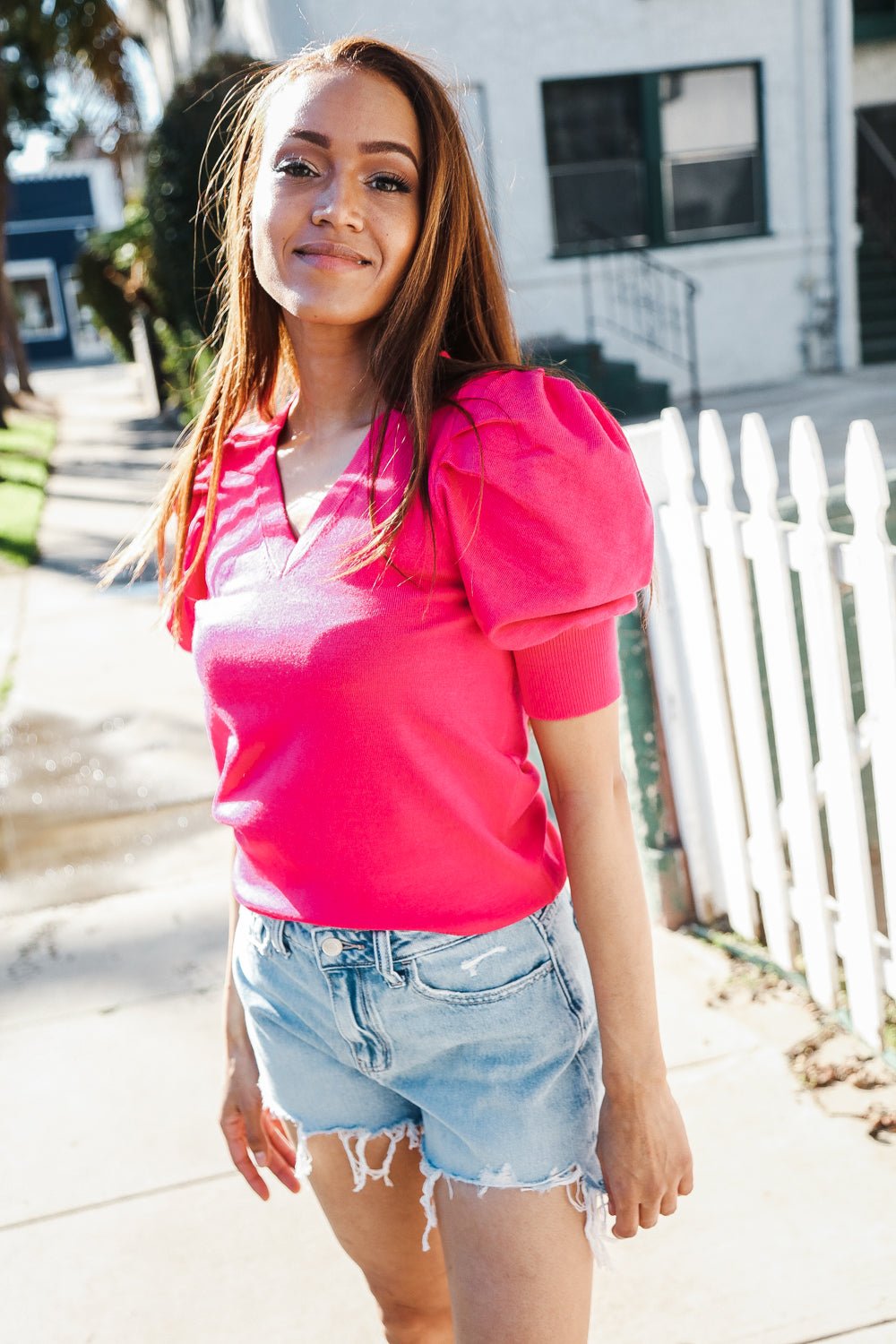 Be Bold Solid Fuchsia Shirred Puff Sleeve Sweater Top - Nikki &amp; Co. Boutique