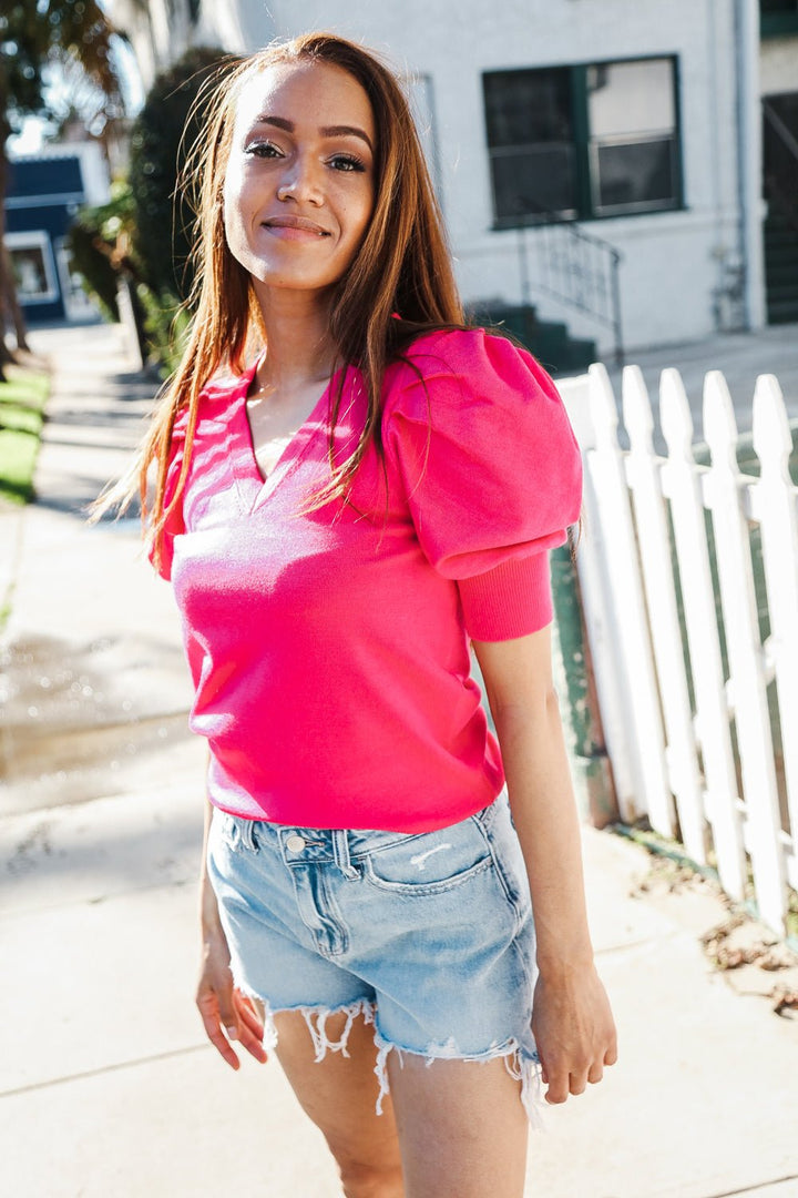 Be Bold Solid Fuchsia Shirred Puff Sleeve Sweater Top - Nikki &amp; Co. Boutique