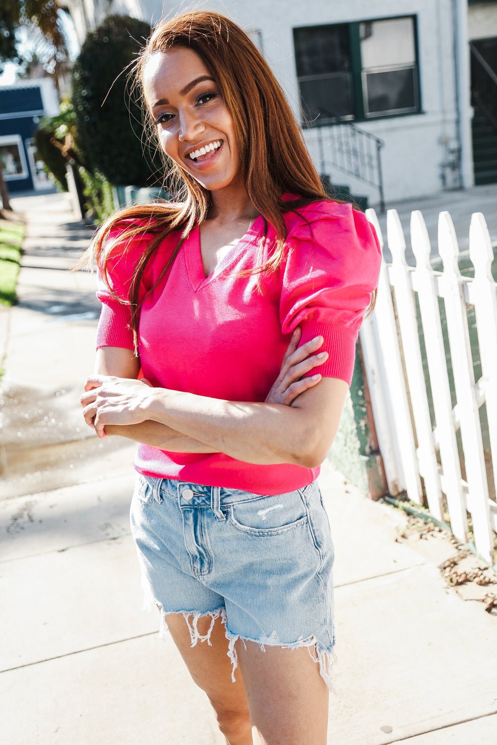 Be Bold Solid Fuchsia Shirred Puff Sleeve Sweater Top - Nikki &amp; Co. Boutique