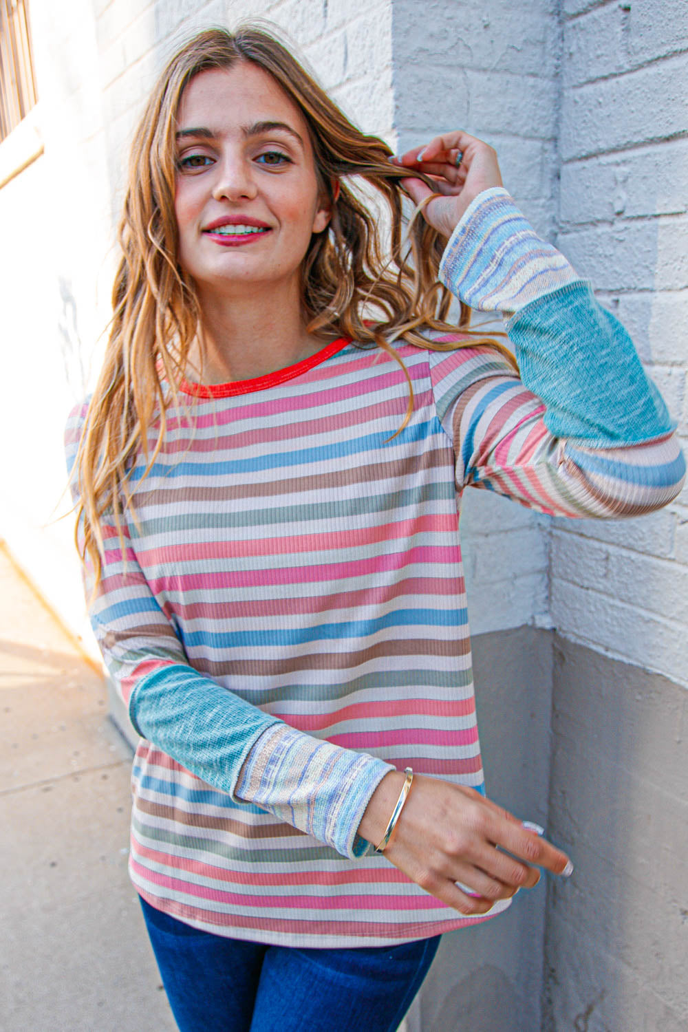 Coral Taupe Multistrip Rib Out Seam Detail Top | Nikki &amp; Co. Boutique