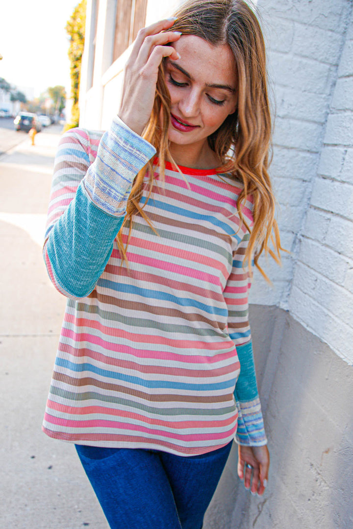 Coral Taupe Multistrip Rib Out Seam Detail Top | Nikki &amp; Co. Boutique