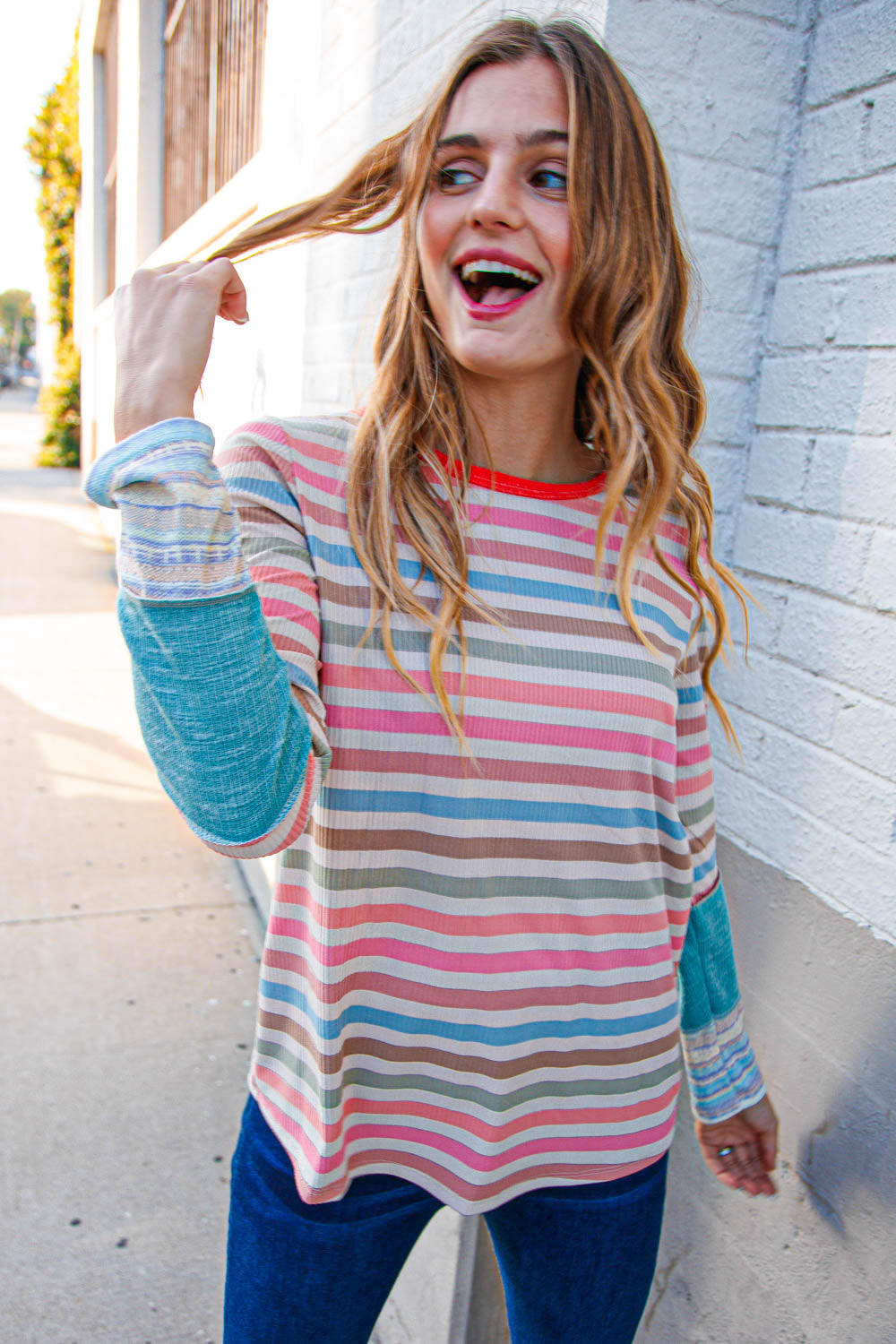 Coral Taupe Multistrip Rib Out Seam Detail Top | Nikki &amp; Co. Boutique