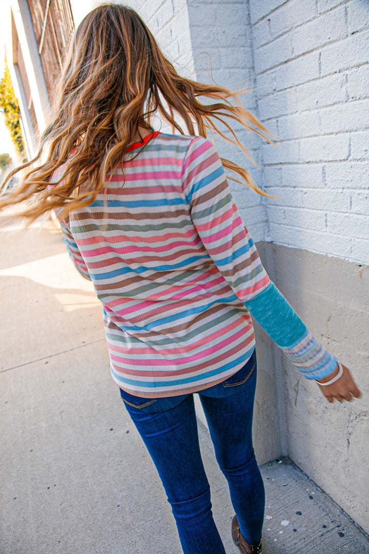 Coral Taupe Multistrip Rib Out Seam Detail Top | Nikki &amp; Co. Boutique