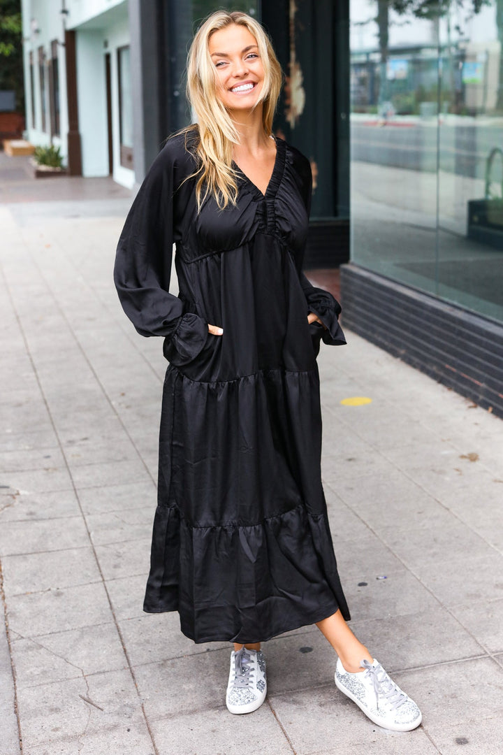 Elegant Black Elastic V Neck Tiered Satin Maxi Dress | Nikki &amp; Co. Boutique