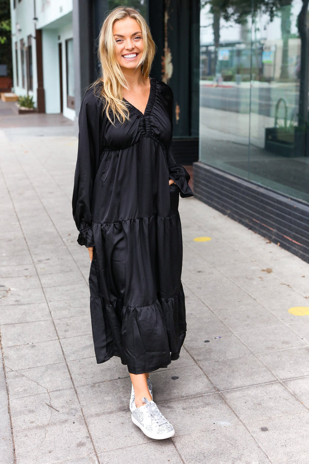 Elegant Black Elastic V Neck Tiered Satin Maxi Dress | Nikki &amp; Co. Boutique