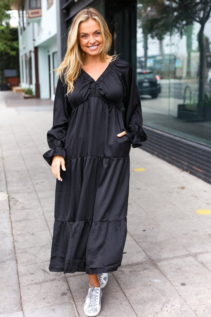 Elegant Black Elastic V Neck Tiered Satin Maxi Dress | Nikki &amp; Co. Boutique