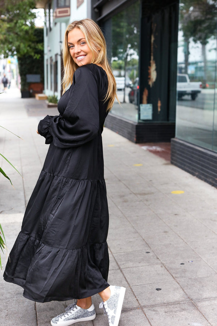 Elegant Black Elastic V Neck Tiered Satin Maxi Dress | Nikki &amp; Co. Boutique