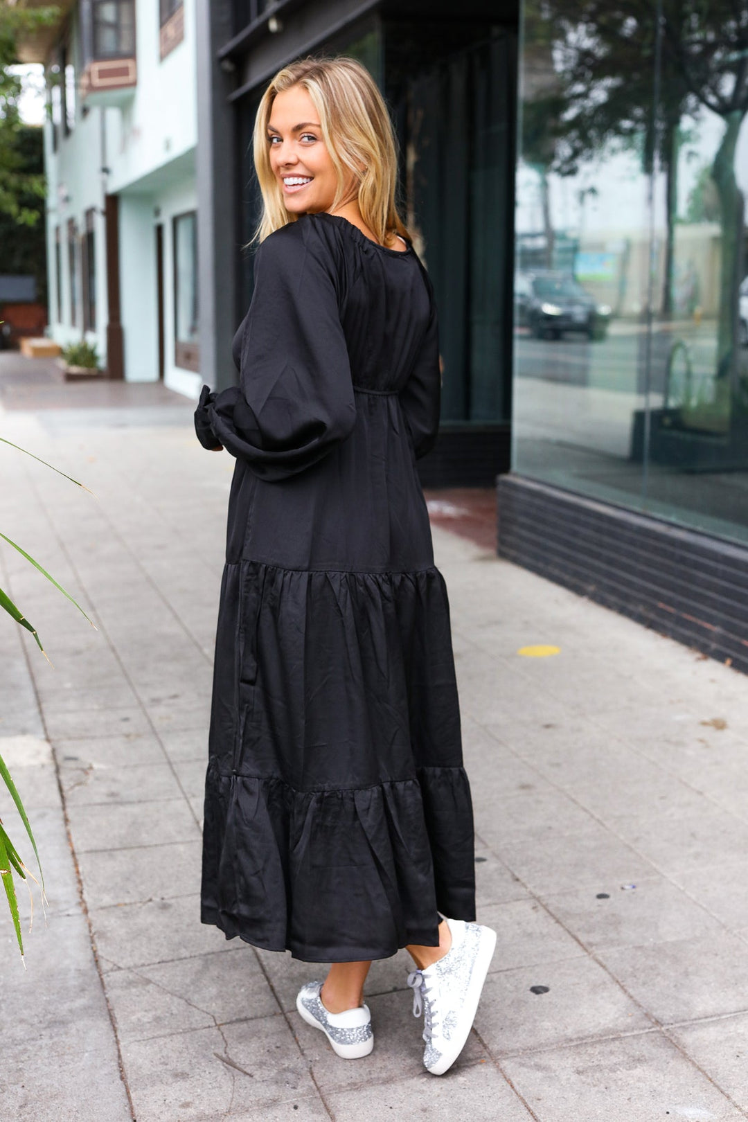 Elegant Black Elastic V Neck Tiered Satin Maxi Dress | Nikki &amp; Co. Boutique