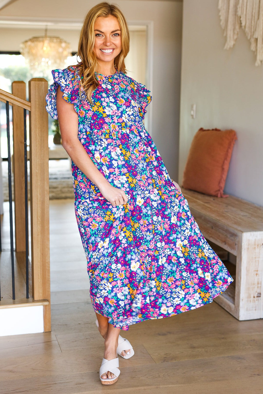 Just A Dream Navy Floral Smocked Ruffle Sleeve Maxi Dress | Nikki &amp; Co. Boutique