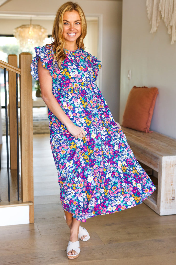 Just A Dream Navy Floral Smocked Ruffle Sleeve Maxi Dress | Nikki &amp; Co. Boutique