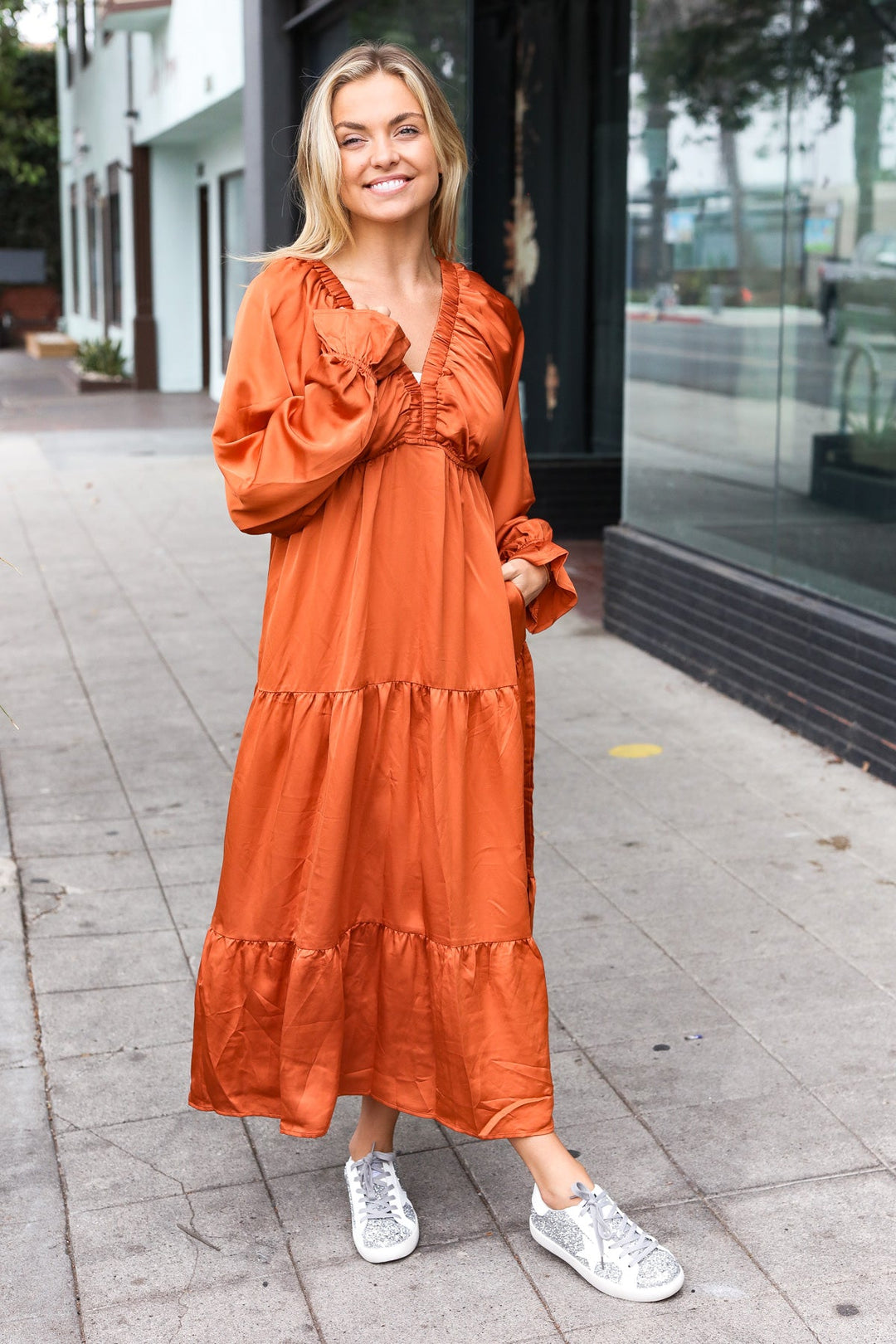 Elegant Rust Elastic V Neck Tiered Satin Maxi Dress | Nikki &amp; Co. Boutique