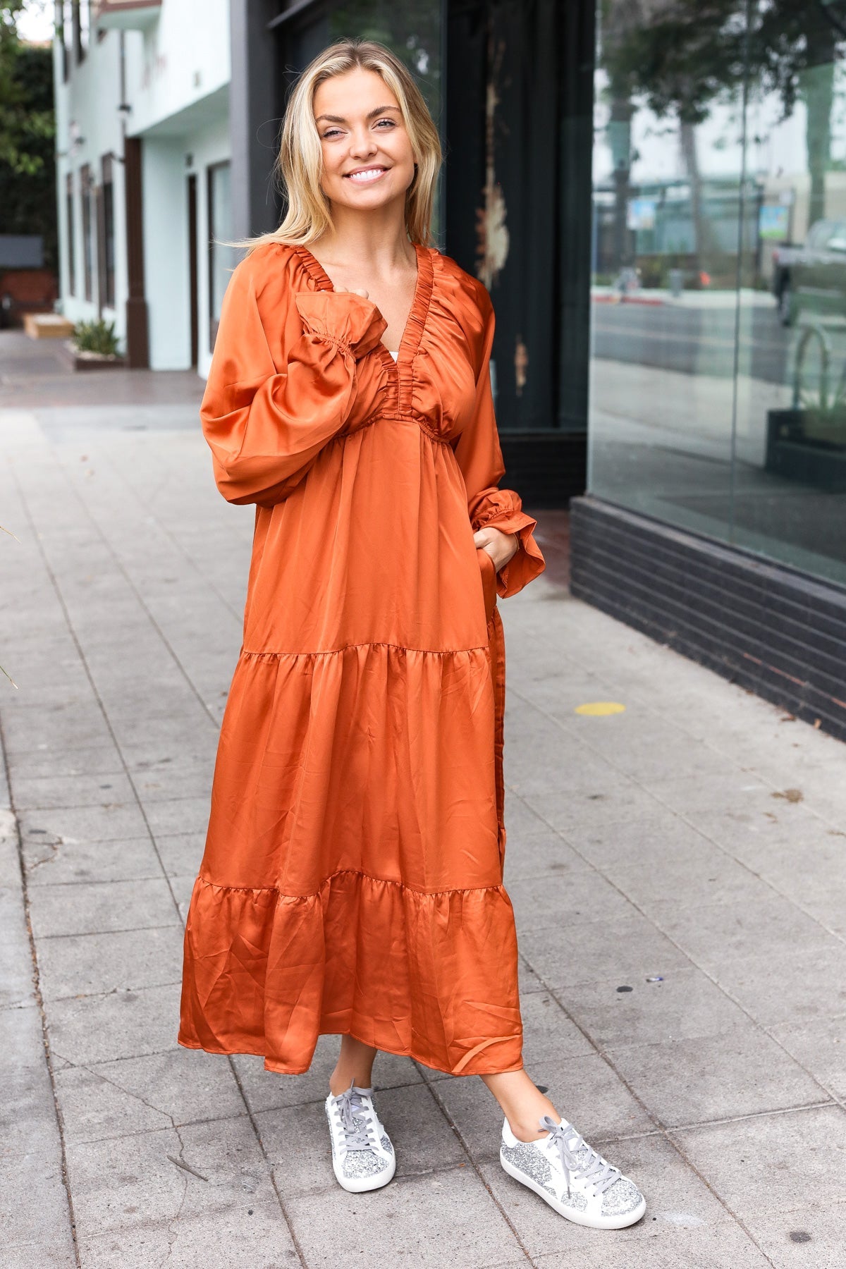 Elegant Rust Elastic V Neck Tiered Satin Maxi Dress - Nikki and Co Boutique