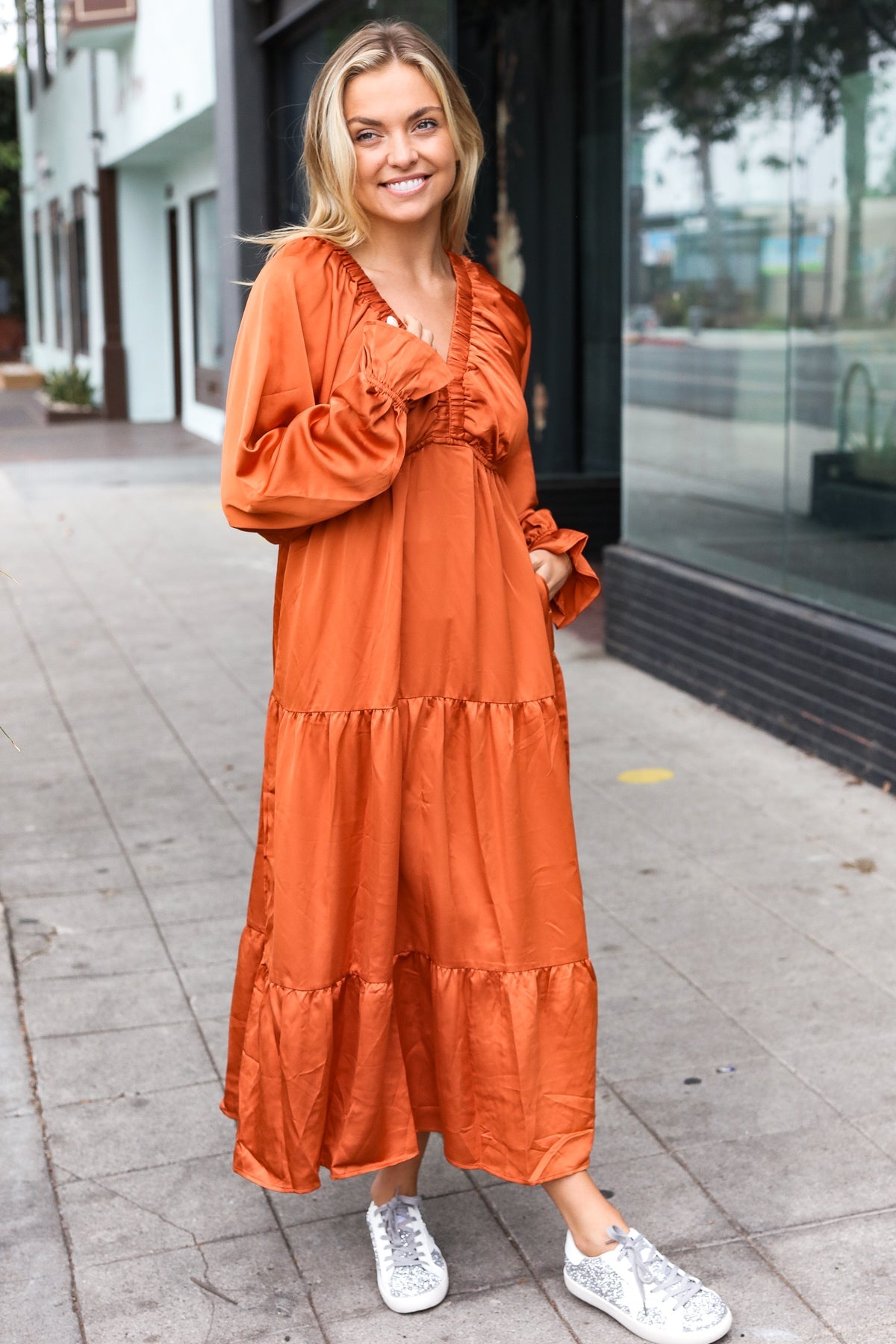 Elegant Rust Elastic V Neck Tiered Satin Maxi Dress - Nikki and Co Boutique
