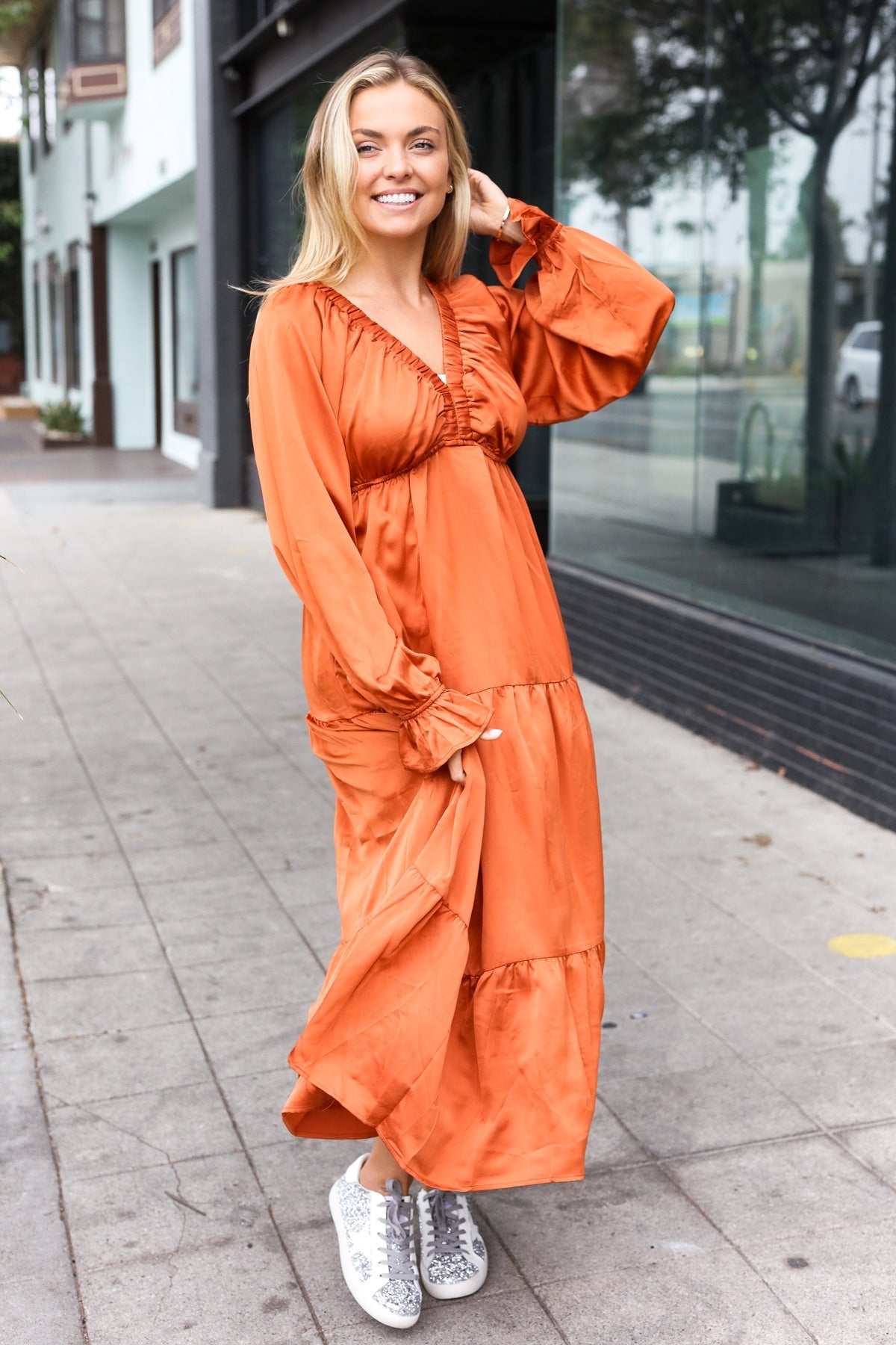 Elegant Rust Elastic V Neck Tiered Satin Maxi Dress - Nikki and Co Boutique