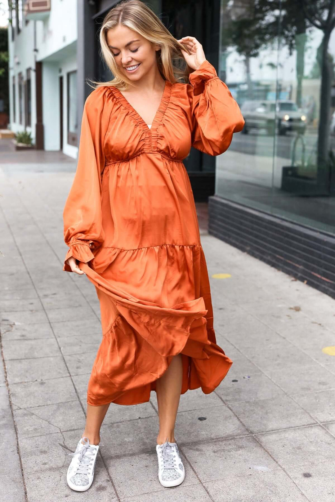 Elegant Rust Elastic V Neck Tiered Satin Maxi Dress - Nikki &amp; Co. Boutique