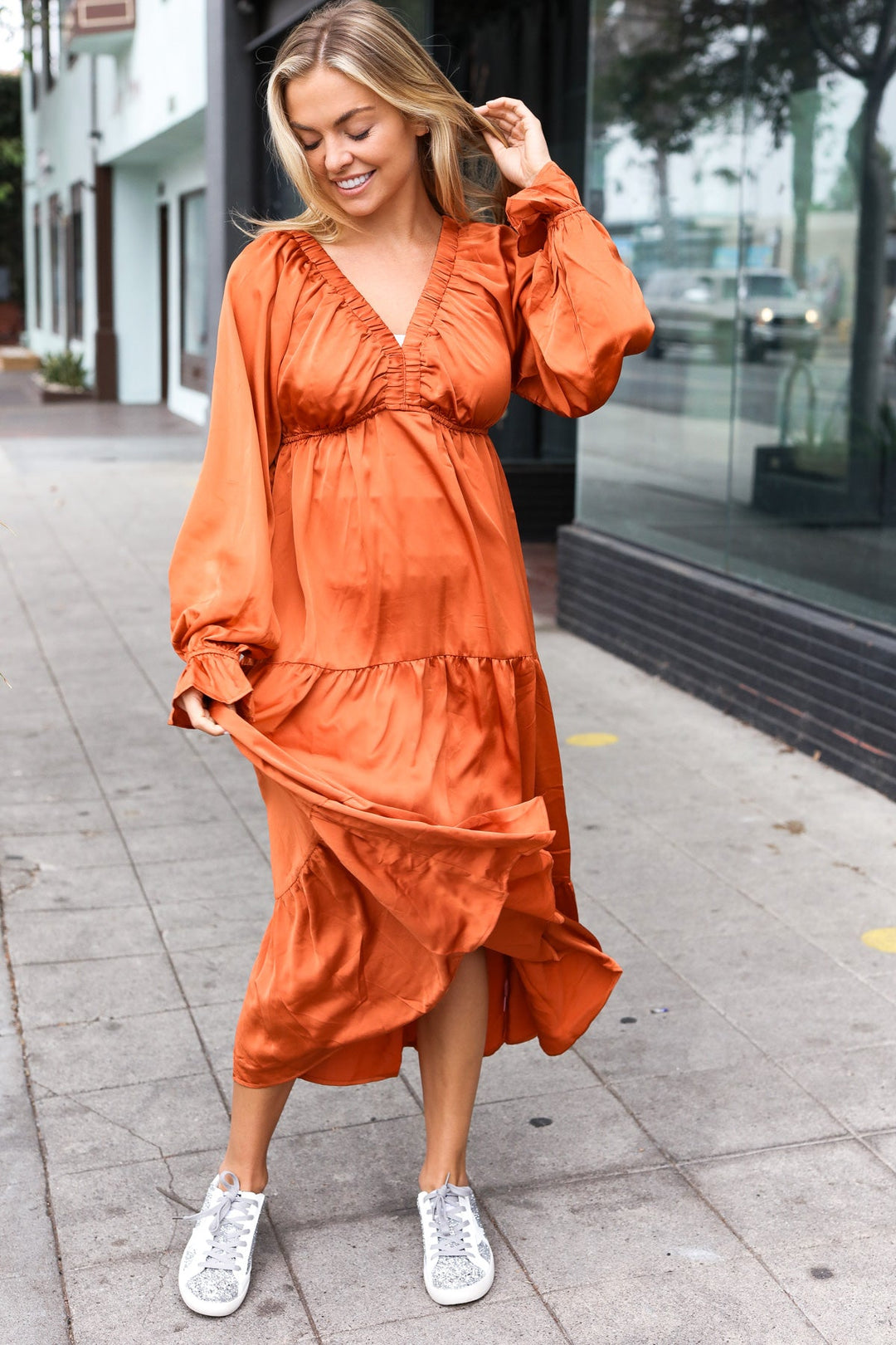 Elegant Rust Elastic V Neck Tiered Satin Maxi Dress | Nikki &amp; Co. Boutique