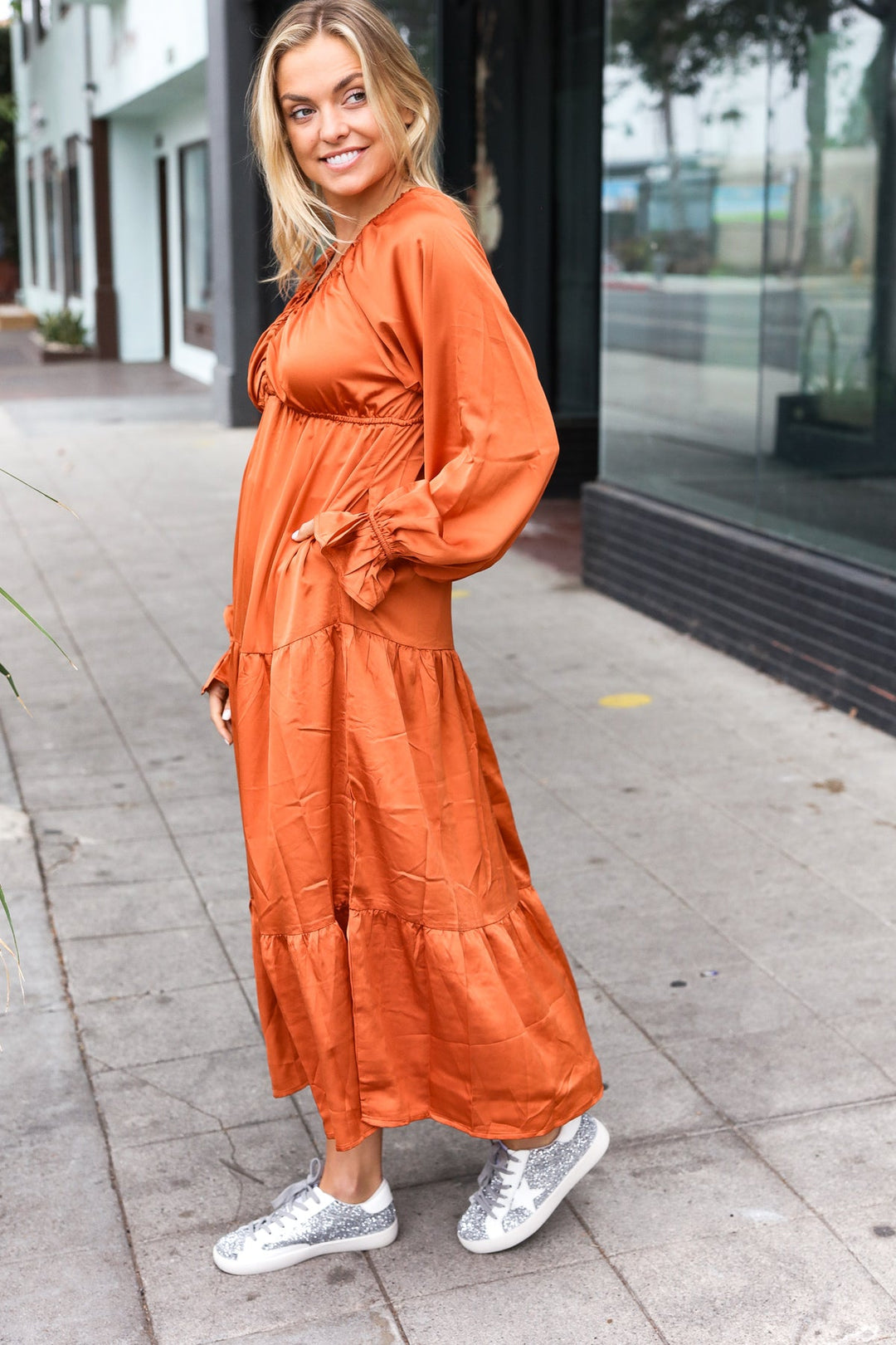 Elegant Rust Elastic V Neck Tiered Satin Maxi Dress | Nikki &amp; Co. Boutique
