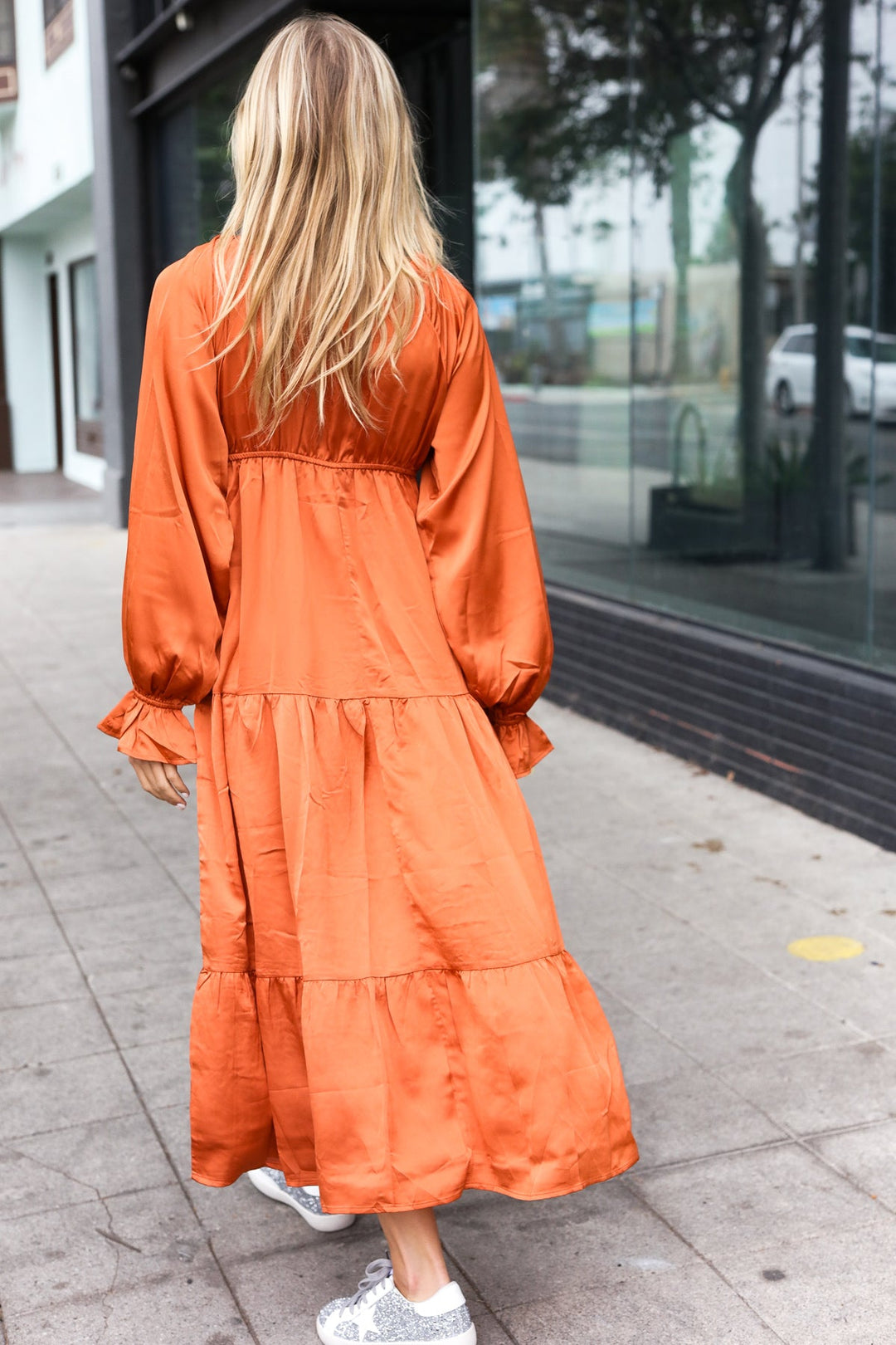 Elegant Rust Elastic V Neck Tiered Satin Maxi Dress | Nikki &amp; Co. Boutique