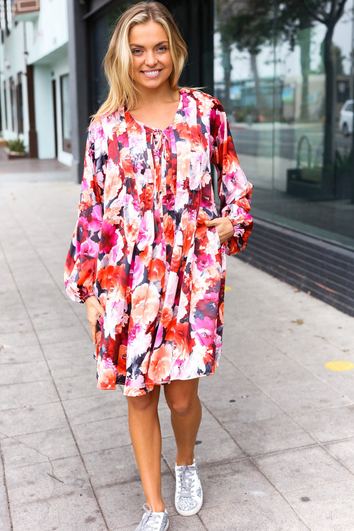 Diva Dreams Coral &amp; Charcoal Floral Tie Neck Pintuck Satin Dress | Nikki &amp; Co. Boutique
