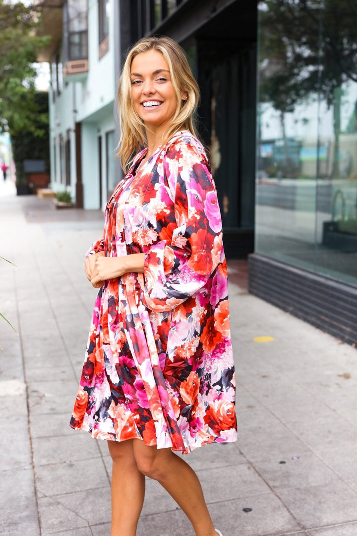 Diva Dreams Coral &amp; Charcoal Floral Tie Neck Pintuck Satin Dress | Nikki &amp; Co. Boutique