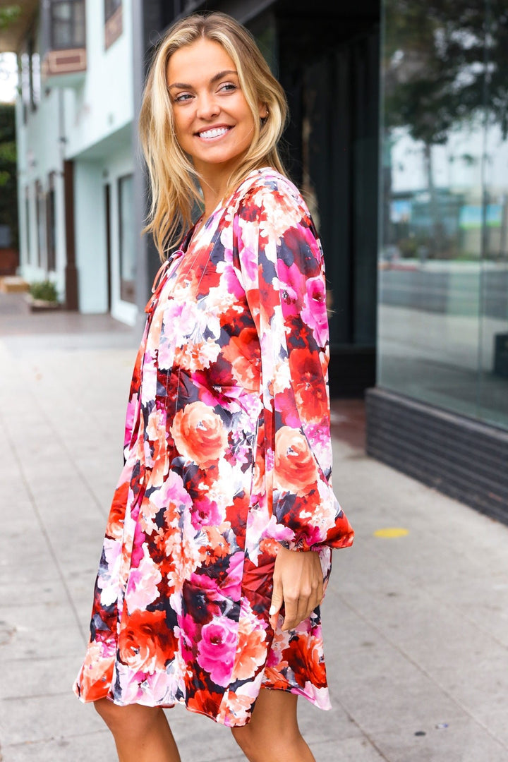 Diva Dreams Coral &amp; Charcoal Floral Tie Neck Pintuck Satin Dress | Nikki &amp; Co. Boutique