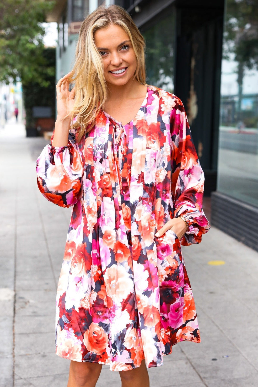 Diva Dreams Coral &amp; Charcoal Floral Tie Neck Pintuck Satin Dress | Nikki &amp; Co. Boutique