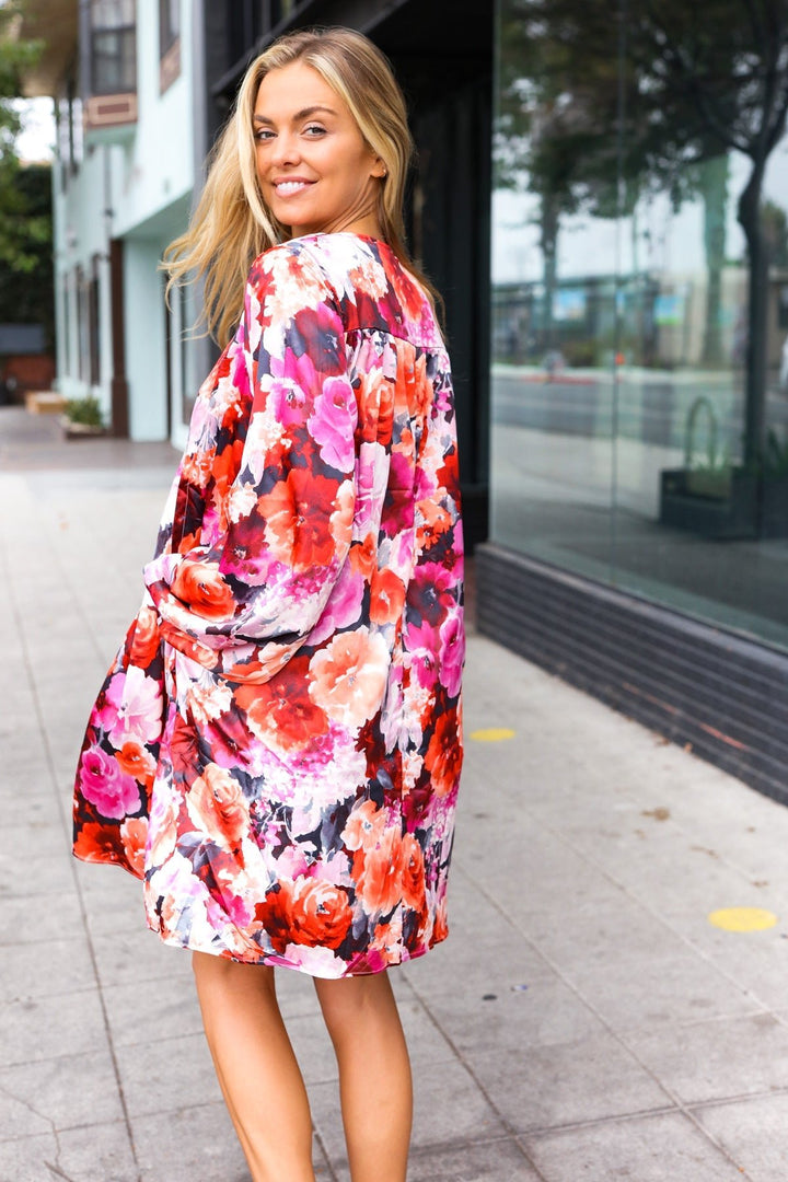 Diva Dreams Coral &amp; Charcoal Floral Tie Neck Pintuck Satin Dress | Nikki &amp; Co. Boutique