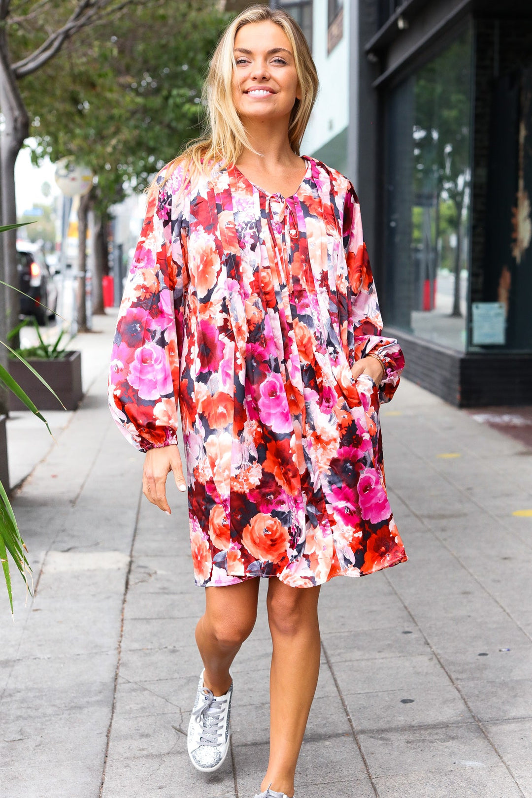 Diva Dreams Coral &amp; Charcoal Floral Tie Neck Pintuck Satin Dress | Nikki &amp; Co. Boutique