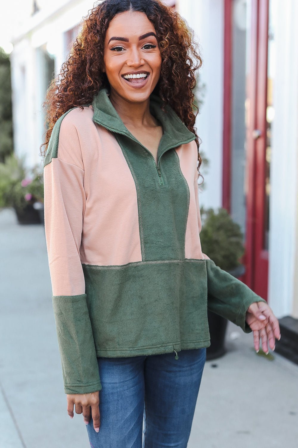 Cool Vibes Taupe/Green Fleece Zip Up Cinched Hem Pullover | Nikki &amp; Co. Boutique
