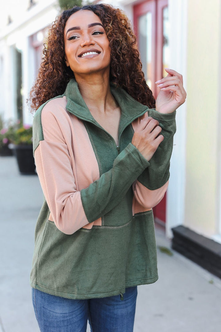 Cool Vibes Taupe/Green Fleece Zip Up Cinched Hem Pullover | Nikki &amp; Co. Boutique