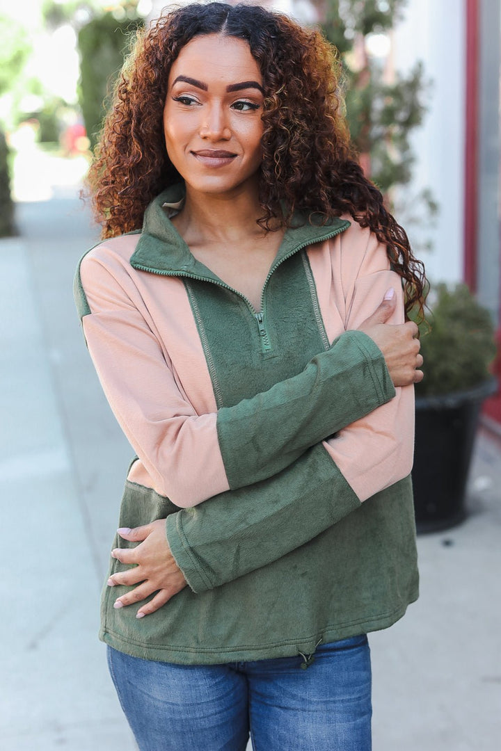 Cool Vibes Taupe/Green Fleece Zip Up Cinched Hem Pullover | Nikki &amp; Co. Boutique