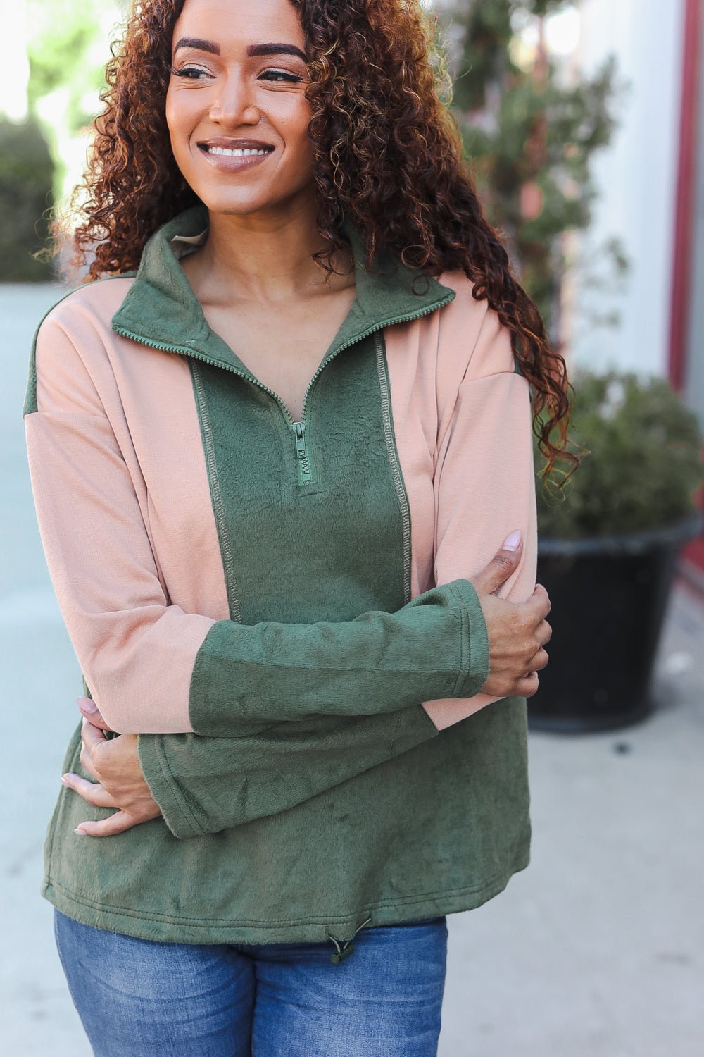 Cool Vibes Taupe/Green Fleece Zip Up Cinched Hem Pullover | Nikki &amp; Co. Boutique