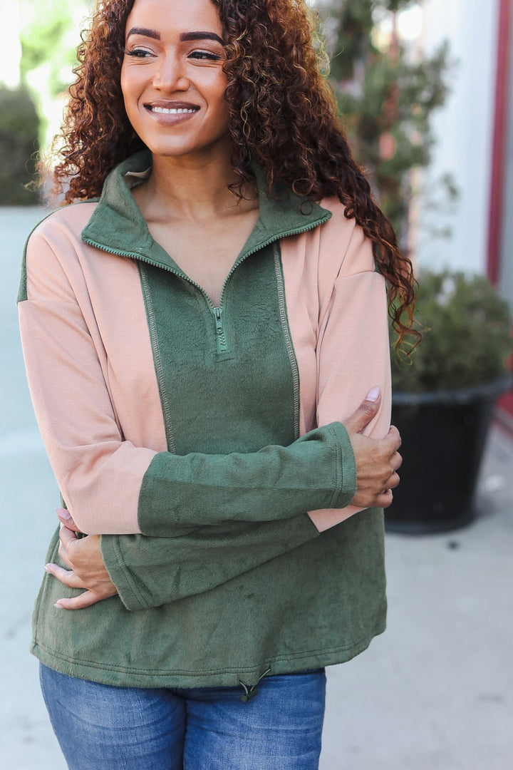 Cool Vibes Taupe/Green Fleece Zip Up Cinched Hem Pullover | Nikki &amp; Co. Boutique