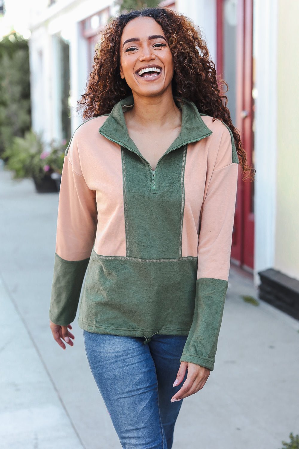 Cool Vibes Taupe/Green Fleece Zip Up Cinched Hem Pullover | Nikki &amp; Co. Boutique