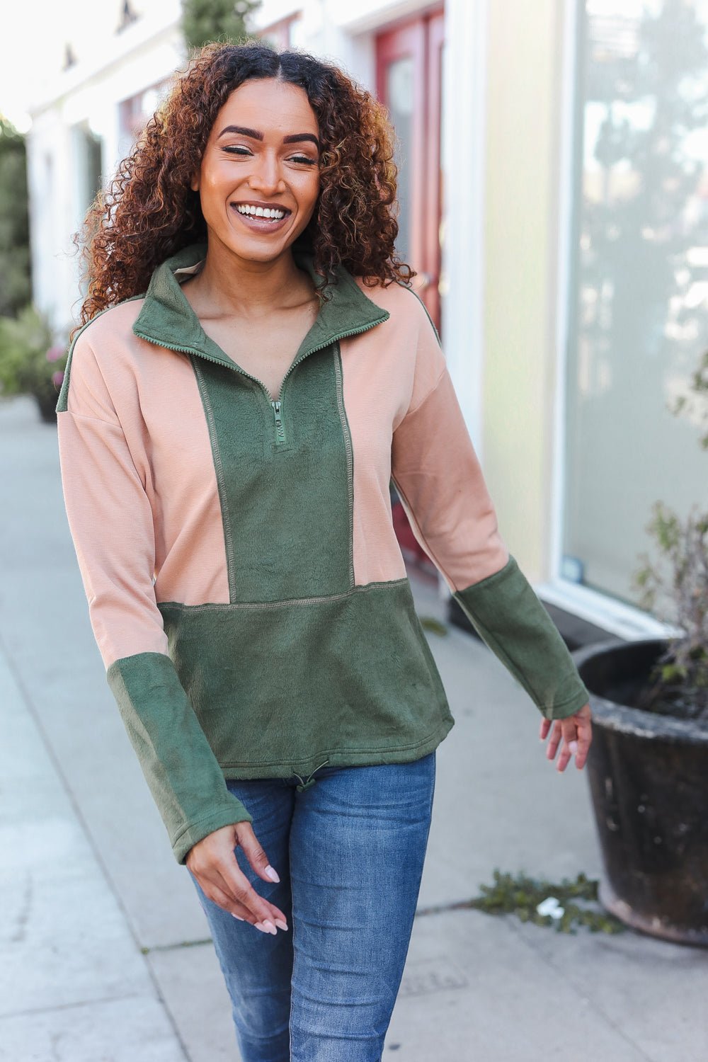 Cool Vibes Taupe/Green Fleece Zip Up Cinched Hem Pullover | Nikki &amp; Co. Boutique