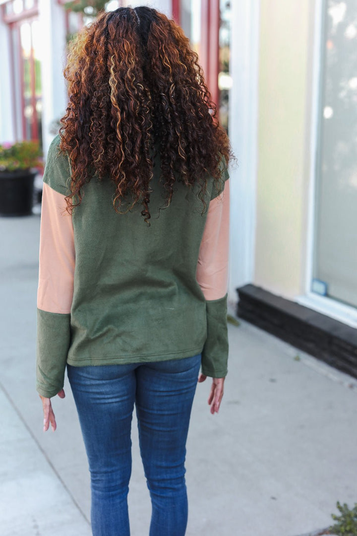 Cool Vibes Taupe/Green Fleece Zip Up Cinched Hem Pullover | Nikki &amp; Co. Boutique
