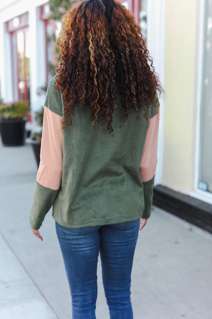 Cool Vibes Taupe/Green Fleece Zip Up Cinched Hem Pullover | Nikki &amp; Co. Boutique