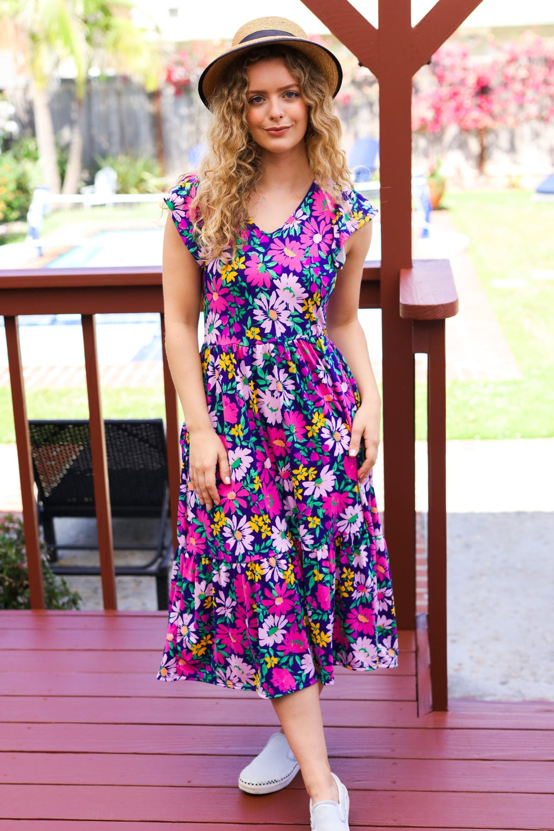 Diva Dreams Navy &amp; Lilac Floral Fit &amp; Flare Midi Dress | Nikki &amp; Co. Boutique